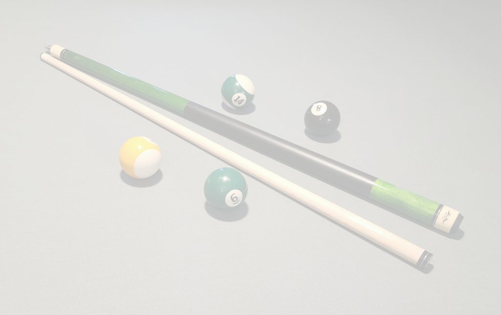 2-piece cues and billiard balls on gray cloth